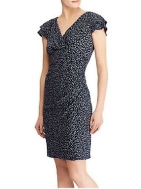 Ralph Lauren Navy and White Printed Faux-Wrap Midi Dress